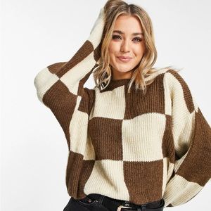 Pull&Bear Checkerboard Sweater in Brown and Beige Mix